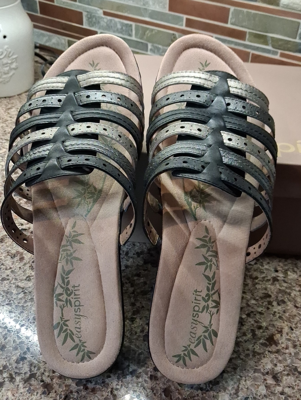 Easy Spirit Women's Black and Silver Multi-Strap Slip-On Mule Sandals